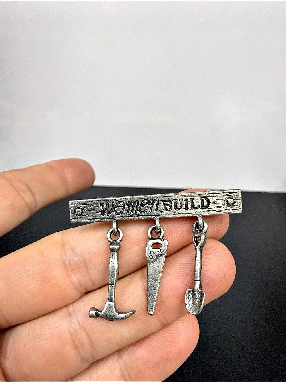 Vintage Women Build Brooch Silver Tone Hammer Saw Shovel Construction Tool Pin